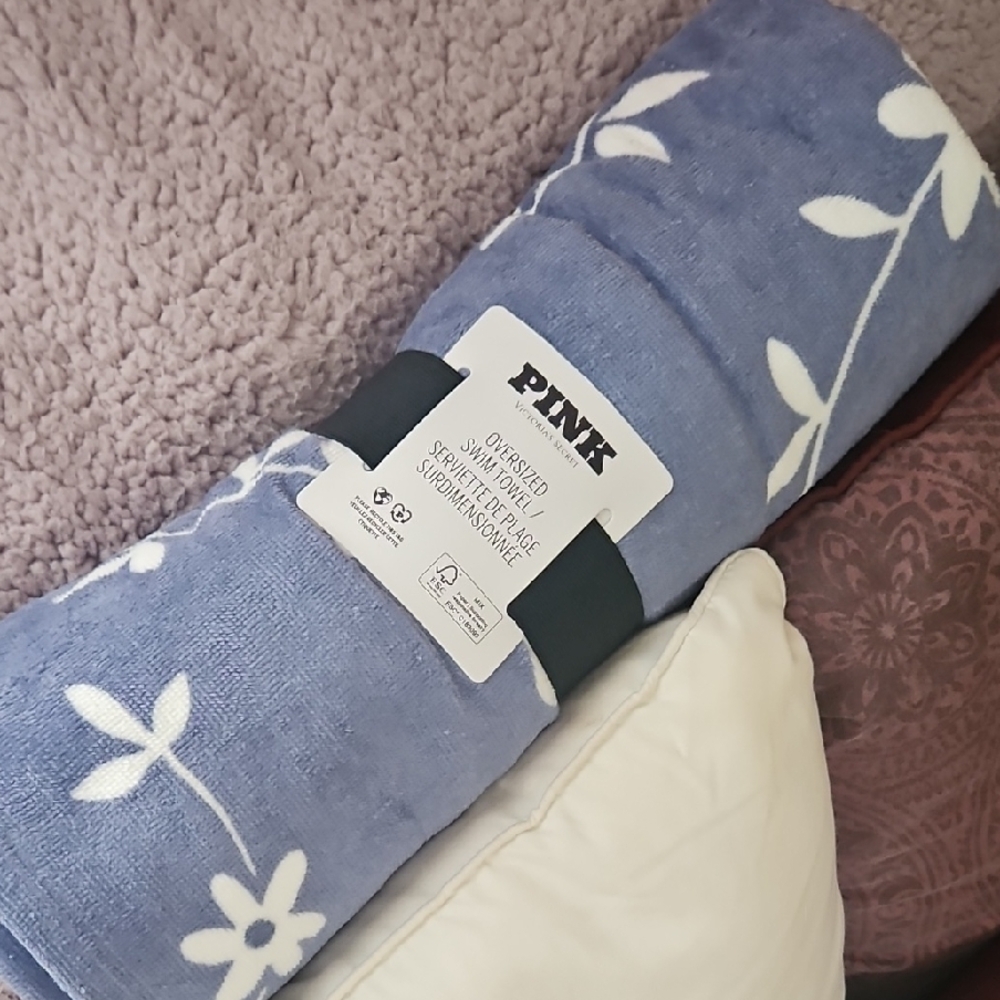 PINK Victoria's Secret Floral Blue Throw Blanket